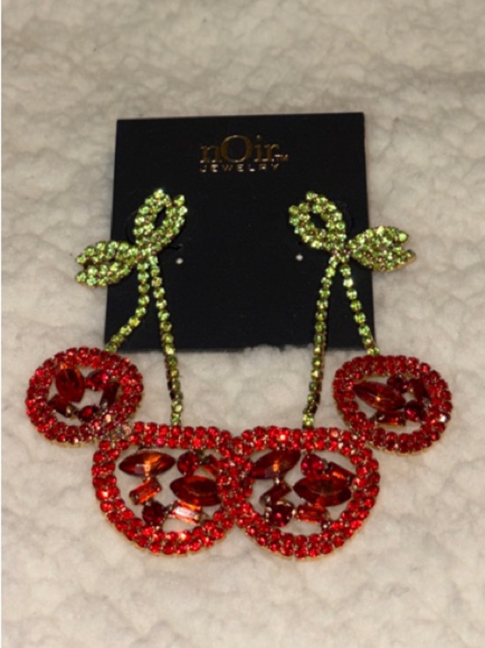 NEW-Noir Jewelry-Cherry🍒Dangle Earrings-Red & Green Stones-Gold Tone Hardware
